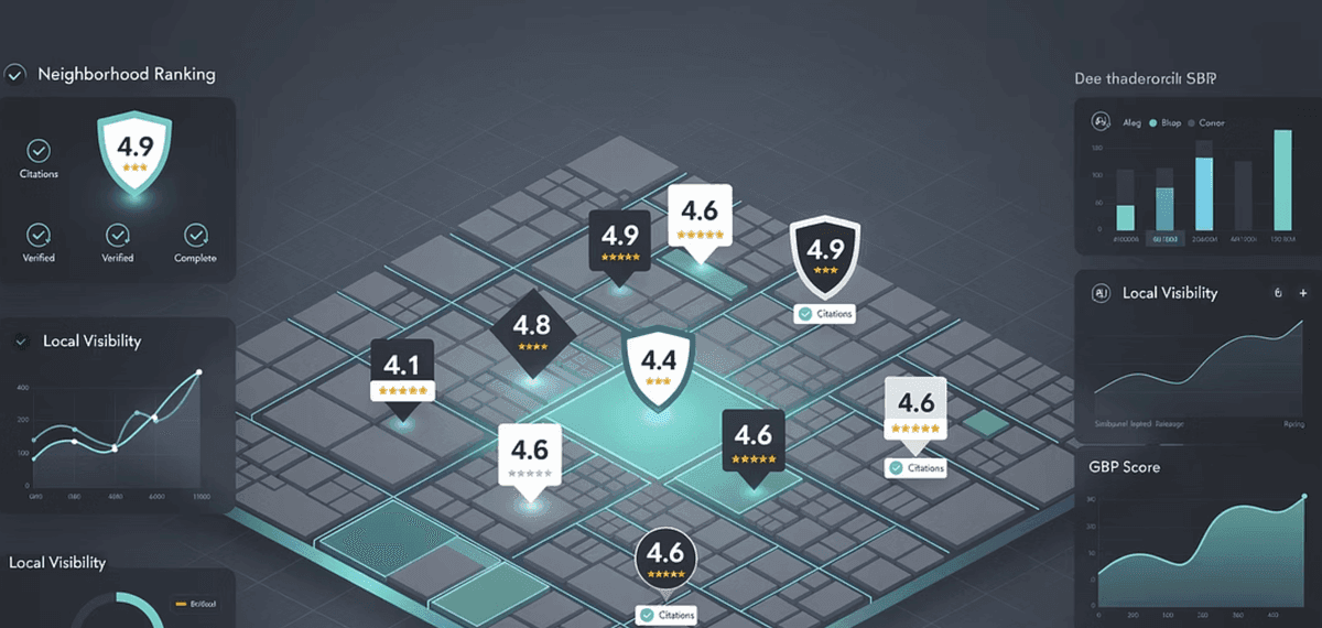 Mapa urbano con marcadores de posiciones geo-grid y un panel de Google Business Profile comparando ocho herramientas SEO local