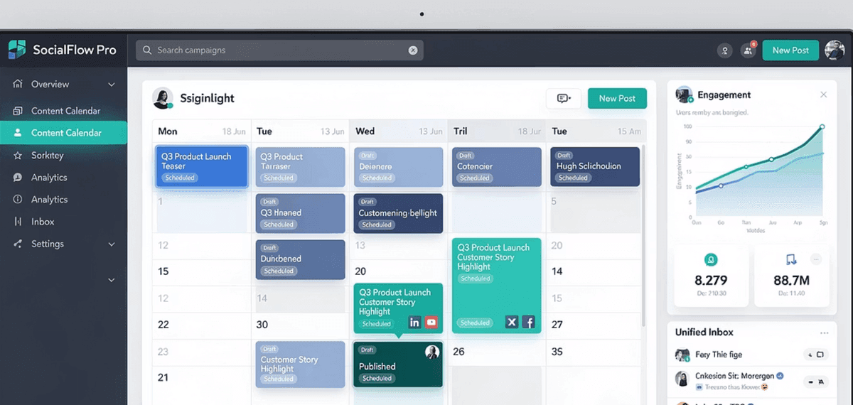 Dashboard di gestione social media con calendario editoriale multicanale, analytics di engagement e inbox unificata