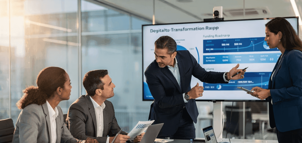 R&D certification document alongside an AI project diagram on a corporate blue background